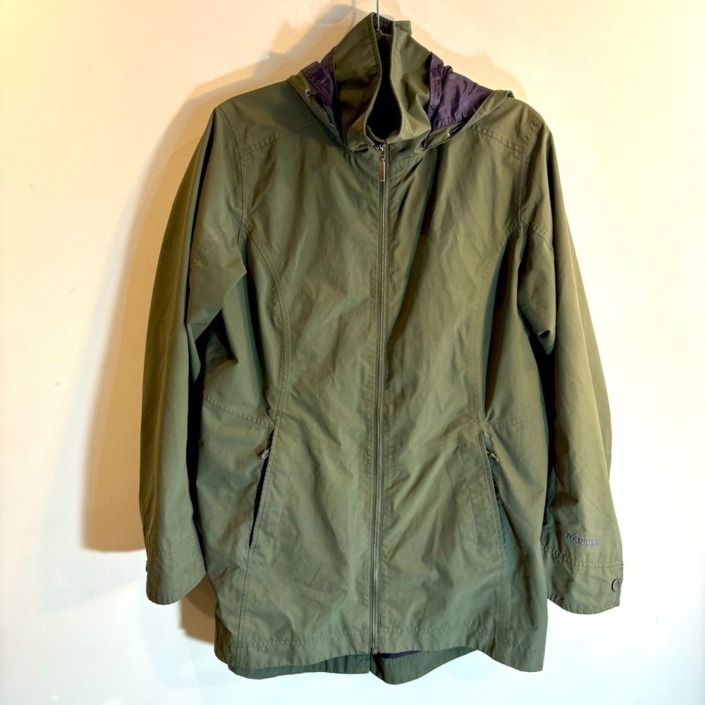 MARMOT Sz L Rain Coat Parka Olive with Purple Lining Retractable Hood Pockets